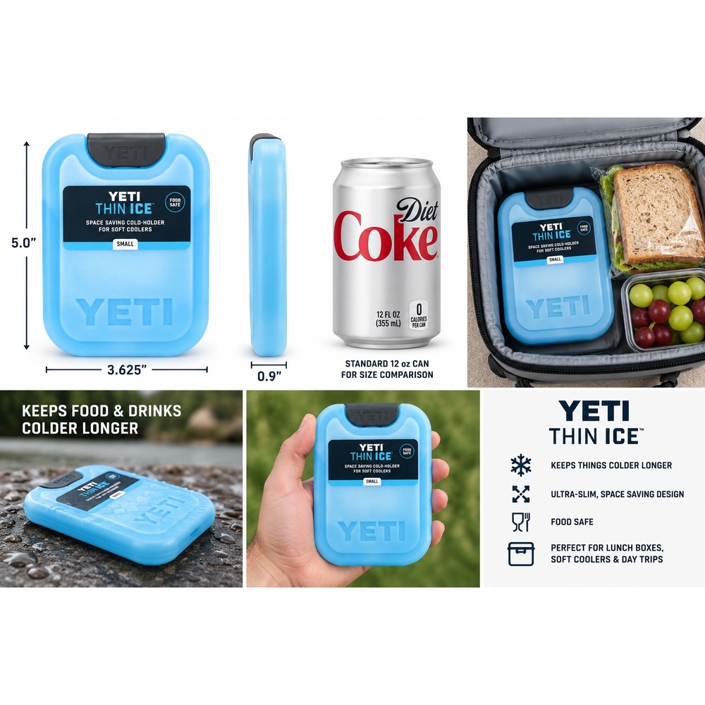 YETI Thin ICE Small Reusable Freezer Ice Pack Blue 5" for Cooler Lunch Bags, NEW